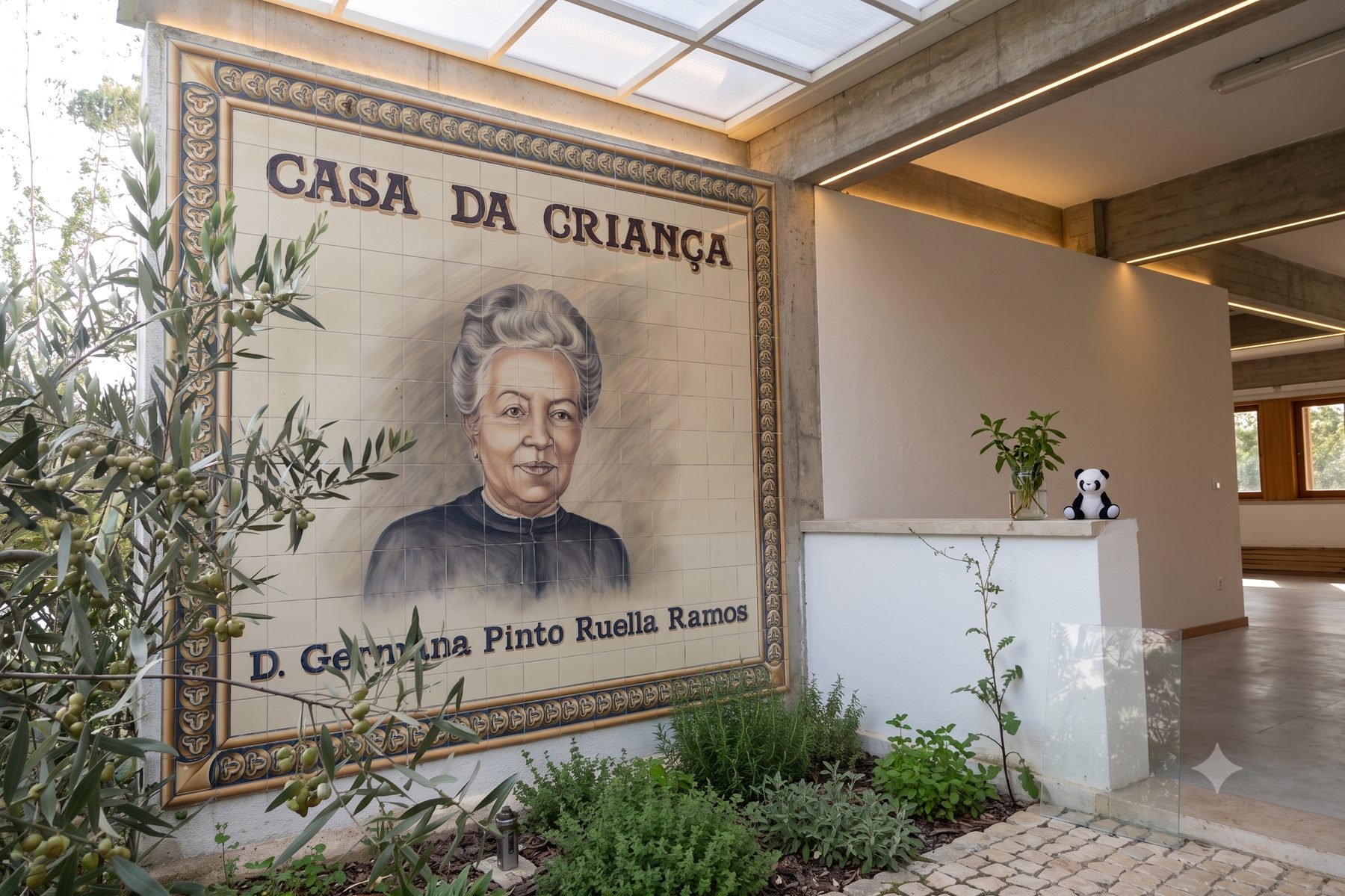 Imagem gerada por IA do painel de azulejo de entrada da Casa da Criança, reimaginado como arquitetura restaurada e reabilitada.